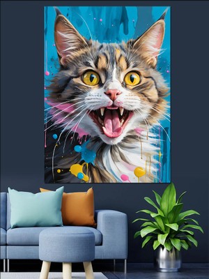 Şaşkın Kedi Renkli Portre Dekoratif Kanvas - Mdf Ahşap Tablo