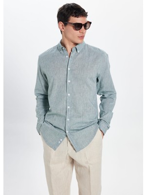 Erkek Slim Fit Dar Kesim Keten Efekt Premium Seri Düğmeli Yaka Düz mint Gömlek