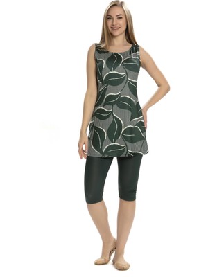 Kadın Haki Yaprak Desen Kolsuz Yarı Kapalı Taytlı Mayo HZL25S-AR152/505