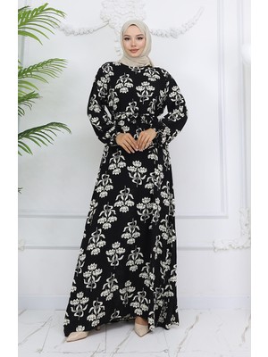 Sefa Merve Viskon Kumaş Desenli Kuşaklı Elbise 2009-03 Siyah