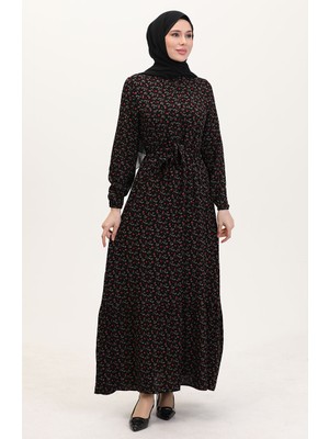 Sefa Merve Viskon Kumaş Yarım Düğmeli Desenli Elbise 4069-04 Siyah