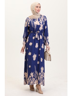 Desenli Kuşaklı Viskon Elbise 0018-06 Indigo Bej