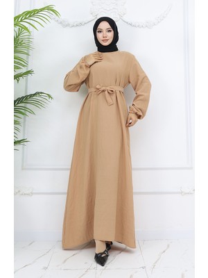 Sefa Merve Aerobin Kumaş Kolu Lastikli Elbise 2002-07 Camel