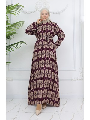Sefa Merve Viskon Kumaş Desenli Kuşaklı Elbise 2008-01 Mor