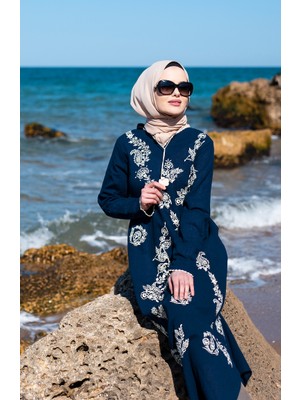 Desenli Şile Bezi Elbise 0004-01 Lacivert