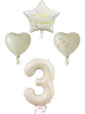 Krem Renk Rakam Happy Bırthday Yazılı Yıldız ve Kalpli Folyo Balon Seti Yaş 3