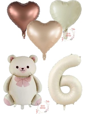 Krem Renk Rakam Ayıcıklı ve Kalpli Folyo Balon Seti Yaş 6