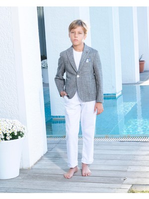 Butik Happy Kids Erkek Çocuk Gri Takım Elbise Keten Spor Takım 3-14 Yaş Ceket Pantolon Tişort 3-14 Yaş