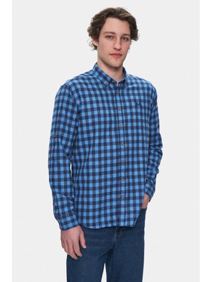 Ucla ELRIC Lacivert Nakışlı %100 Pamuk Ekoseli Oduncu Standard Fit Erkek Gömlek