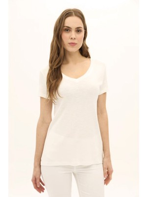 Daido Kadın V Yaka Kısa Kollu Pamuklu Basic T-Shirt 5982 Ekru