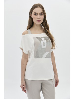 Daido Kadın Düşük Kollu ve Omuz Bantlı Taş Detaylı Bluz 5821 Ekru