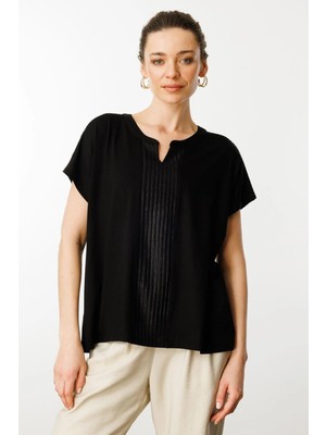 Desen Triko Kadın Açma Yaka Önü Bantlı Penye Bluz Siyah