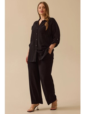 Galaxi Kadın Büyük Beden Çizgili Düğmeli Gömlek 4027 Siyah