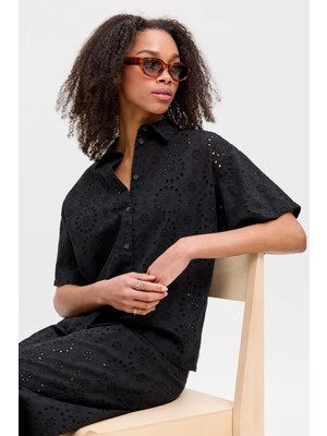Jjxx Kadın Jxmıllıe Rahat Kesim Dantel Detaylı Kısa Kollu %100 Pamuk Gömlek 12270924 Siyah
