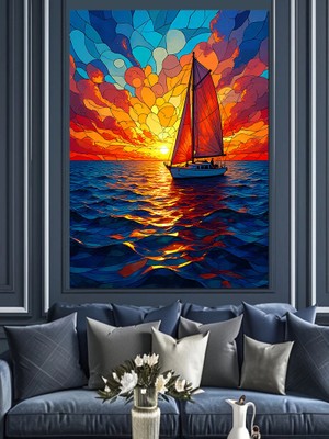 Gün Batımında Yelkenli Dekoratif Kanvas - Mdf Ahşap Tablo