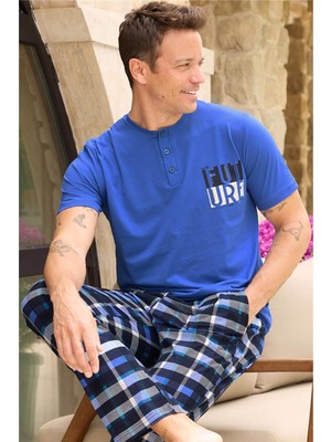 Pijama Evi Koyu Mavi Ekose Future Desenli Kısa Kollu Erkek Pijama Takımı