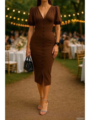 Defy Moda Kadın V Yaka Önü Düğmeli Sırt Pencere Dekolte Elbise