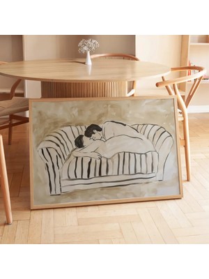 Kanepede Romantik Çift Baskısı Nude Ahşap Çerçeveli Duvar Tablosu