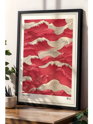 Artiera Anshin Kırmızı Dalgalar Japon Sanatı Doğal Ahşap Çerçeveli Duvar Tablosu