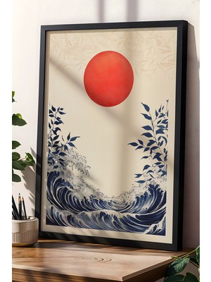 Güneş ve Dalgalar Minimalist Japon Sanatı Doğal Ahşap Çerçeveli Duvar Tablosu