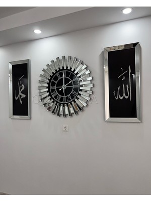 3’lü Gümüş Aynalı 65 cm Piyano Saat ve 3070 cm Allah ve Muhammed Tablo Seti