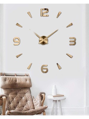 Büyük Boy 3D Latin Rakamlı Duvar Saati Gold