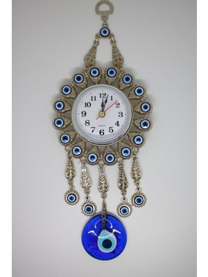 Metal Nikel Kaplama Gerçek Cam Nazar Boncuklu Saat Duvar Süsü