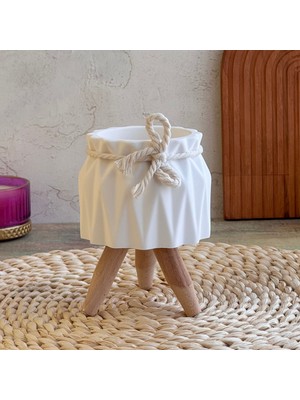 Serengeti Home Ahşap Ayaklı El Yapımı İskandinav Tarz Beyaz Beton Saksı- Tekli Minimal Dekoratif Saksı (15 Cm)