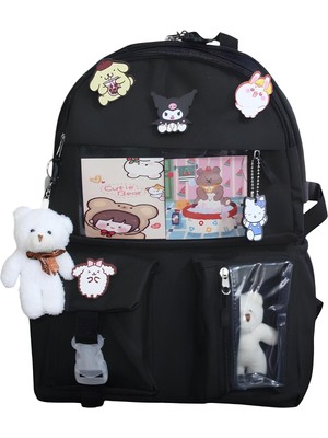 Kore Tarzı Aksesuarlı ve Ayıcıklı Okul Çantası Kız Çocuk ve Erkek Çocuk Sırt Çantası Siyah