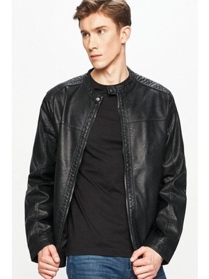 Jack & Jones Jjwarner Erkek PU Deri Mont Siyah Uzun Kol Düz Desenli Günlük Kullanım İçin 12182461 V11