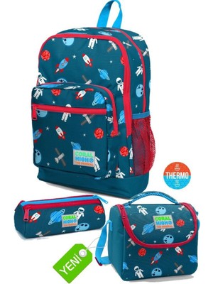 Civit Kırmızı Uzay Desenli Okul Sırt Çantası,thermo Beslenme,kalemlik, 3'lü Okul Set GO23116SET02