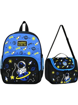 Royalglow Waddell Baskılı Astronot Lisanslı Kombin Anaokul Kreş Çantası ve Termal Beslenme Çantası