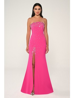 ALFABETA Straplez Taş Işlemeli Krep Uzun Abiye Elbise Alfa Beta