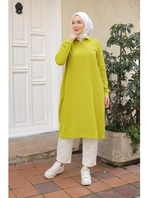 Armine Trend Ribanalı Fermuarlı Krep Kumaşlı Tunik-Fıstık Yeşil 25YT460