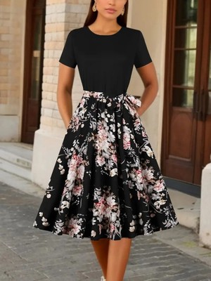 Kadın Kısa Kollu Bisiklet Yaka Çiçek Desenli Üst Viskon Alt Süprem Kısa Elbise