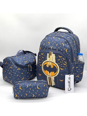 Erkek Çocuk Yarasa Desenli Lacivert Folyo Beslenmelik ve Kalemlikli Sırt Ilkokul Çantası