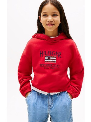 Kız Çocuk Th Sequin Bayrak Kapüşonlu Sweatshirt - Kırmızı