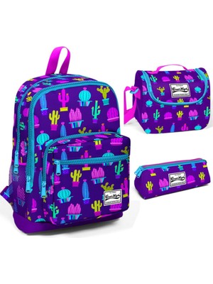Dört Bölmeli Kaktüs Desenli Okul Sırt Çantası Beslenme Kalemlik Set 23108
