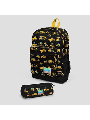 Kids Siyah Sarı Iş Makinesi Desenli Dört Bölmeli Usb'li Okul Sırt Çantası 23288