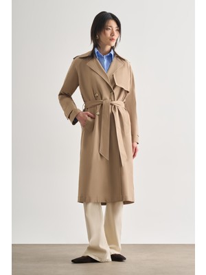 Mizalle Premium Pamuk Karışımlı Bej Rengi Uzun Trençkot