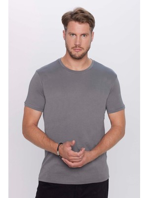 Unisex Slim Fit Dar Kesim %100 Pamuk Yumuşak Dokulu Gri Bisiklet Yaka Tişört