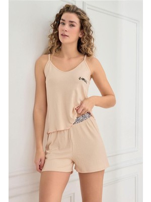 Kadın Ince Askı Kaşkorse Şortlu Bej Pijama Takımı 70702-943