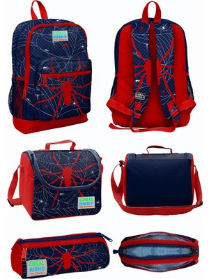 Lacivert Kırmızı Örümcek Desenli Dört Bölmeli Okul Sırt Çantası Beslenme Çantası Kalem Çantası