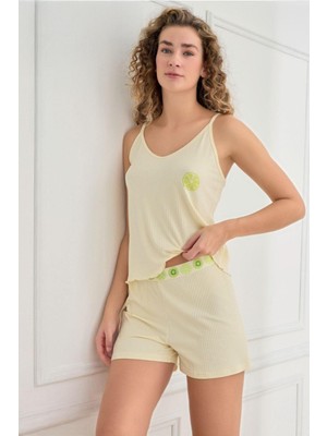 Kadın Ince Askı Kaşkorse Şortlu Sarı Pijama Takımı 70702-856