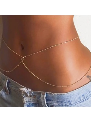 Gold Kadın Ikili Taş Detaylı Top Zincir Vücut Zinciri - Vücut Aksesuarı- Bel Zinciri