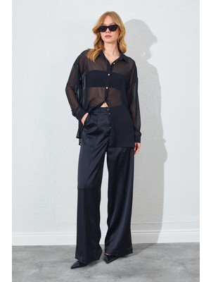 Kadın Siyah Şifon Bluz Saten Pantolon Takım