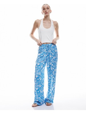 Koton Çiçekli Beli Bağcıklı Viskon Geniş Paça Pantolon