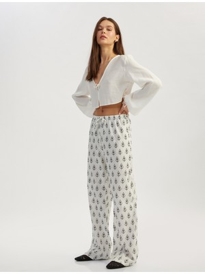 Koton Beli Bağcıklı Desenli Pamuklu Düz Paça Pantolon