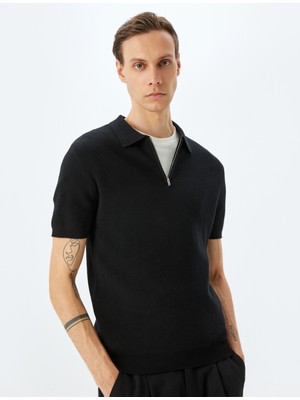 Koton Yarım Fermuarlı Pamuk Karışımlı Kısa Kollu Triko Tişört