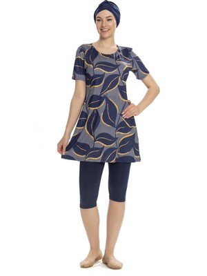 Kadın Lacivert Yaprak Desen Kısa Kol Yarı Kapalı Taytlı Mayo HZL25S-AR202/504